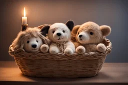 Cute but quirky stuffed animals lie in a carved basket on a soft sling, by candlelight