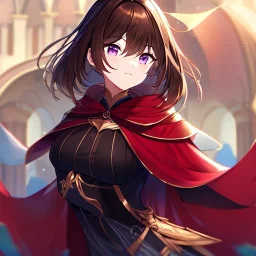 Clear focus,High resolution, one girls, Short brown hair, Purple eyes, Wearing a red cloak