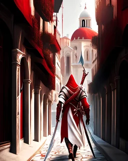 Assassin creed con dagas y espadas caminando por Venezia arte digital hiperdetallado detalles intrincados obra de arte rojo blanco 8k