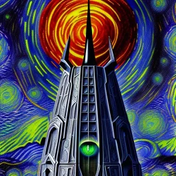 Dibujo Épico De la torre del ojo de Sauron señor de los anillos estilo Van Gogh 4k