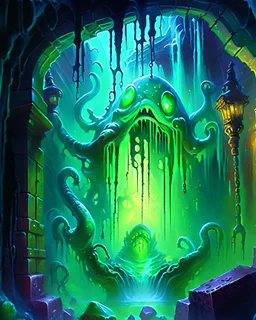 a slimy dripping gelatinous cube in vast cavern room with iron gates art painterly