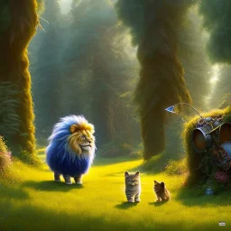 cute fluffy lion and scarecrow and tin-man and kitten on a journey into the woods walking on a yellow brick road, cute adorable pop surrealism, lowbrow art, realistic, street fashion, fluffy , pixar style, hyperrealism, rococo, Pixar, Disney, concept art, 3d digital art, Maya 3D, ZBrush Central 3D shading, bright colored background, radial gradient background, cinematic, Reimagined by industrial light and magic, 4k resolution post processing 8k resolution holographic astral cosmic illustration