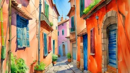 A watercolor painting depicts a narrow alleyway in a European village, possibly Italy, with brightly colored buildings lining both sides. Laundry hangs on a clothesline strung across the alley, adding a touch of domesticity to the scene. The buildings are painted in vibrant hues of pink, orange, blue, and green, with terracotta roofs. The cobblestone ground is rendered with loose brushstrokes, giving a sense of texture and depth. A small dog sleeps peacefully in the foreground, adding a charming