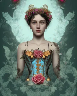 upper bust portrait, the queen of butterflies, corset, intricate metal work flower crown, in a field of roses, flower tattoos, 8k resolution concept art, dynamic lighting, intricately detailed, hyperdetailed, beautiful, ethereal, elegant, golden hour, (butterfly), gothic