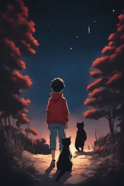 boy and his cat looking at the sky full of stars and comet, view from her back, in anime style, using only the colors, black, red, and blue, 4k adobe illustrator render, cartoon style