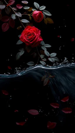 The image is a digital artwork that depicts a branch of tree of Red roses and leaves tangling in to a water in the river with aThe rose floats on the surface of the water, creating a wave-like effect. The background is black, which makes a branch of a tree of red roses stand out even more. Water droplets are scattered adding to the dreamy, ethereal quality of the image.all leaves and background are red