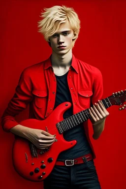 A young man with blonde hair, red shirt, red trousers and holding a black guitar