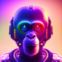 A beautiful portrait of a cyborg monkey purple neon color scheme, high key lighting, volumetric light high details psychedelic background