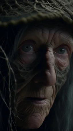 A hyperrealistic shot of an old witch head out of a spider web, intricate details, soft natural light, screen captured from 4K Blu-ray