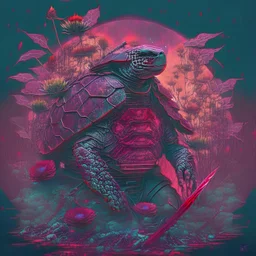 spatial turtle samurai, iridescent, blood, futuristic, guts, wildflower, cosmic, intricate, darkred tones,sidhe, ominous, nature, plants,