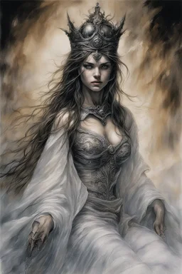 Hyper-photorealistic watercolor art style by Luis Royo & Raymond Swanland, Surreal fine art etching of a figure by Luis Royo, tanned skin inscribed with the transient story of mortality, ethereal light playing with its form whispering tales of an eternal realm, eyes, black as the depths of the night, ardently pinand looking towards the endless skies, a crown of black hair mirroring the mystery of the cosmos around, whole scene tinged with an ethereal softness from volumetric lighting, hues gr,