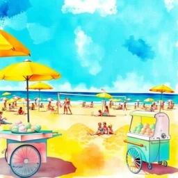 vibrant 1950s watercolor beach scene with bright retro umbrellas and stylish sunbathers. The azure sky and golden sand set the stage for playful beach volleyball and children building sandcastles. An ice cream cart offers pastel-colored scoops, adding to the cheerful atmosphere. The vivid hues of turquoise, coral, lemon yellow, and seafoam green create a joyful, nostalgic vibe