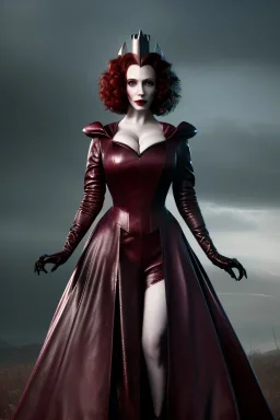 christina hendricks as evil queen in burgundy leather gown , angry, stern look, volumetric lighting, particales,highly detailed,cinematic, deep colours,8