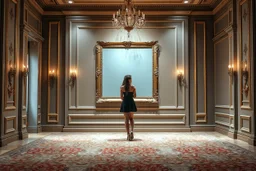 a very beautiful lady photo in standing pose in pretty frame hanging a wall in a luxury galery stage with carpets in floor