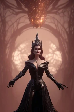 Geena Davis as evil queen in black leather gown, evil, busty, cleavage, curvy, angry, stern look. character design by cory loftis, fenghua zhong, ryohei hase, ismail inceoglu and ruan jia. unreal engine 5, artistic lighting, highly detailed, photorealistic, fantasy