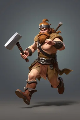Male Fantasy RPG character, barbarian, chaabi kawaii comedic proportions, lord of the rings inspiration, with hammer, in a bounding run, cgi animation character