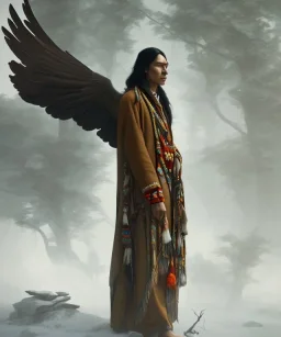 native american shaman, wise man, long black hair, black hooded coat like wings, 8k resolution concept art portrait by Greg Rutkowski