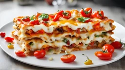 Lasagna with feta cheese, colorful peppers and cherry tomatoes..