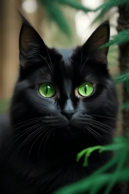 Chat noir, avec des yeux verts très clairs. Sapins et joyeux Noël