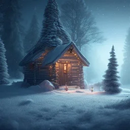 Mysterious christmas night, a lonely hut, surreal atmosphere, cosmic backdrop, celestial ambience, soft lighting, very chilly appearance of the surroundings, unreal engine 5 volumetric lighting, intricate details, realistic style, 8k resolution