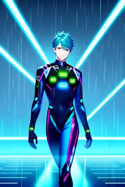 cyberpunk, neon blue, high technology, geometric figures, orbiting figures, cyberpunk suit, black and blue, epic, rain, neon blue suit, geometric figures orbiting around suit, exosuit, male