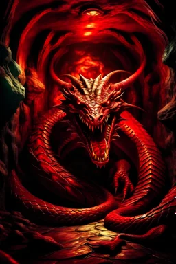 evil terrorific red dragon in cave with treasure scary snake eyes like smaug fire breathing imponent