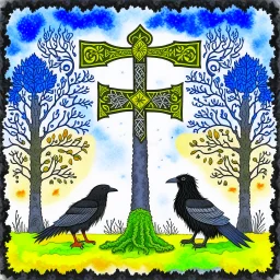 European pagan art with nature and runes and ravens and swedish flag