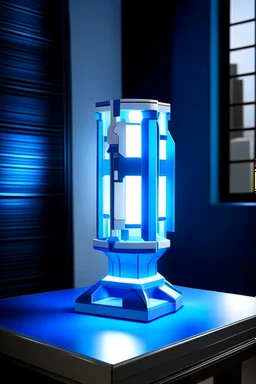 gaming table lamp inspired by avengers stark tower buliding architecture futuristic-modern stlye. geometric form, blue and white color scheme