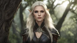photoreal 30-year-old gorgeous stoic blonde elf Guardian high priestess of the Eladrin elf goddess with leather skin with mystical eyes looking like famke janssen wearing gorgeous pristine dark geen leathers hunting from a tree branch at dawn, otherworldly creature, in the style of fantasy movies, photorealistic, shot on Hasselblad h6d-400c, zeiss prime lens, bokeh like f/0.8, tilt-shift lens 8k, high detail, smooth render, unreal engine 5, cinema 4d, HDR, dust effect, vivid colors