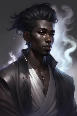 Male Air genasi fra d&d with black skin smoke some hair an Asian skin ghostly appearance with a Smokey undertone