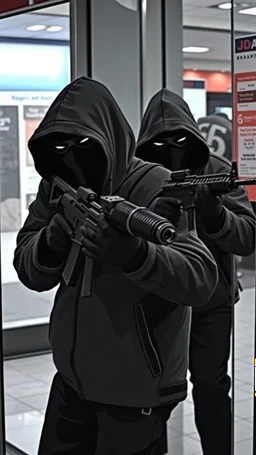 Bank robbery by hooded masked thieves carrying a machine guns