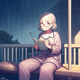 anime girl writing with a pencil in her hand in a book sitting on a porch swing of a very old house in the rain, wearing pajamas,wearing glasses, rain and raindrops