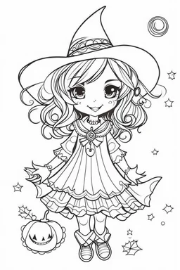 outline art for cute Halloween coloring pages with witch, white background, Sketch style, full body, only use outline, Mandala style, clean line art, white background, no shadows and clear and well outlined