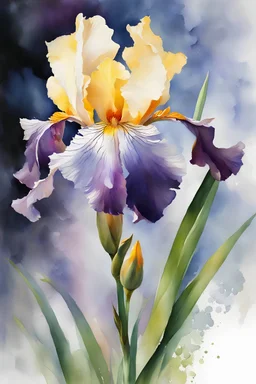 impressionistic, runny wet watercolor painting, Willem Haenraets style, ((best quality)), ((masterpiece)), ((realistic, digital art)), (hyper detailed), intricate details, (one) 1multicolored iris flower, closeup, white background, vivid coloring, some splashes