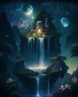 Mystical floating island with a lush garden, ancient ruins, and a cascading waterfall, under a starry night sky.