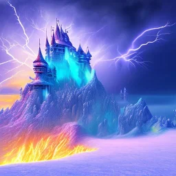 colorful realistic bird in front of exploding ice castle, ski tracks and blue storm clouds and burning lightening