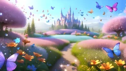 fairy landscape, butterflies, birds, meadows and sparkly flowers, crystals bushes made of flowers and diamonds,background glitter colors, 4k, unreal engine 5, cinema 4d, HDR, dust effect, vivid and intense colors