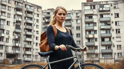 Realistic painting featuring a woman standing with a bicycle in an urban setting. The layout is horizontal, with the woman positioned in the foreground and a row of dilapidated apartment buildings in the background. The woman has a neutral expression, light skin, and blonde hair tied back. She is wearing a dark, long-sleeved dress and a brown backpack. The bicycle she holds has a metallic frame and drop handlebars. The buildings behind her are painted in muted tones of grey and white, with visib