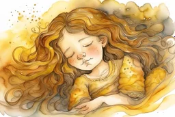 Small girl with long curly brown hair sleeping in god's hand (a big, clear hand) watercolor and ink, golden patina, glitters in ochre, backlit, mist and fog