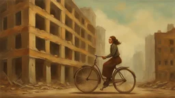 A vintage oil painting of a woman on a bicycle in front of a decaying building, captured in the post-apocalypse city, featuring elements of soviet city architecture, with a touch of socialist realism.