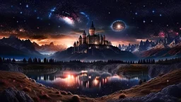 galaxy, space, ethereal space, cosmos, water, panorama. Palace , Background: An otherworldly planet, bathed in the cold glow of distant stars. The landscape is desolate and dark, with jagged mountain peaks rising from the frozen ground. The sky is filled with swirling alien constellations, adding an air of mystery and intrigue. Old castle of london, detailed , enhanced, cinematic, 4k,by van gogh