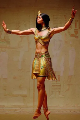 [ancien Egypt, real photography] The climax of the dance approaches as Satiah's movements slow once again, transitioning into a graceful tableau. She raises her arms toward the heavens, her expression a mix of awe and reverence. Her dance has conveyed the cyclical nature of existence, the union of mortal and divine, and the profound connection between humanity and the gods. As the haunting melody of flutes and harps begins to play, Satiah enters the center of the room, her presence commanding at