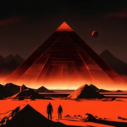 Citadel of the black, landscape, black pyramid, obsidian, black glass, basalt, dark desert, dust particles, night, black sky, stars, apocalyptic environment in cyberpunk style in red and orange