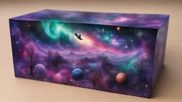 a box 10 cm long by 5 cm wide and 25 cm high, drawn on a box on all sides, space, tress, planets, butterfly nebula, crow galaxies a lot of colours purple, green and red, portal too others galaxy, realistic