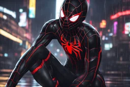 Miles morales in 8k nier automata drawing style, venom them, cinematic mood, neon effect, close picture, rain, highly detailed, high details, detailed portrait, masterpiece,ultra detailed, ultra quality