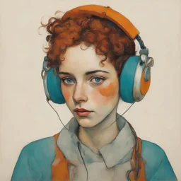 Egon schiele painting of a cute woman, with freckles, , headphones orange, pink, turquoise, yellow colors