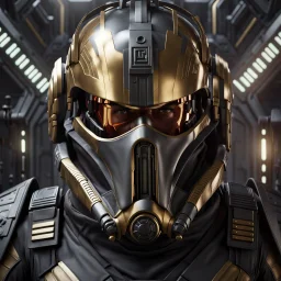 star wars bald male corellian pilot wearing pearlescent black and gunmetal grey First Order special forces heavy assault stealth commando armor and helmet with gold trim inside the jedi temple, hyperdetailed, dynamic lighting, hyperdetailed background, 8k resolution, volumetric lighting, light skin, fully symmetric details