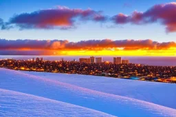 Honolulu Hawaii hotels covered in winter snow and ice at sunrise, winter wonderland