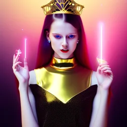 Attractive young teenage girl with golden red hair wearing a gold tiara, who is dressed like a witch casting a spell holding a with hands, she has cat ears and open dazzling blue eyes, in the background, there are abandoned pillars, the girl is on a planet, black black girl dress, full body portrait, arm colors gradient effect into stars, rendered, unity 3d, unreal engine, dslr, hdr, 4k, edited, photorealistic, normal number of appendages, freckles, artists render