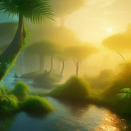 starting of life on earth, beginning, cells, microbes, sunrise, water, tropical jungle, plante, evolution, photorealistic